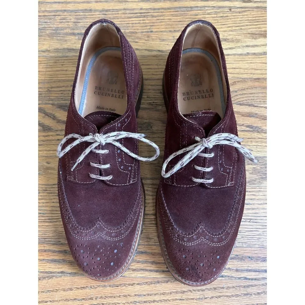 BRUNELLO CUCINELLI Maroon Suede Oxford Wingtip Brogue Derby Shoes  Mens Size 43